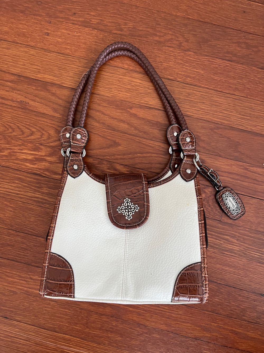 Cream and Brown Silver Accent Purse Bag
